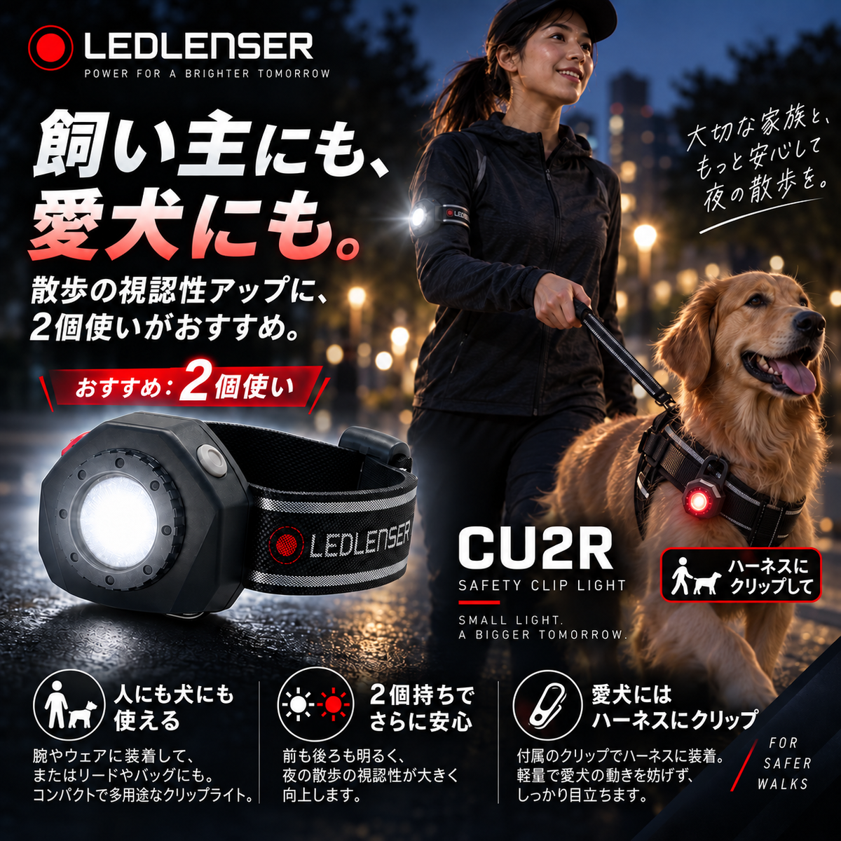 CU2Rを犬のハーネスにクリップ装着した夜間散歩イメージ