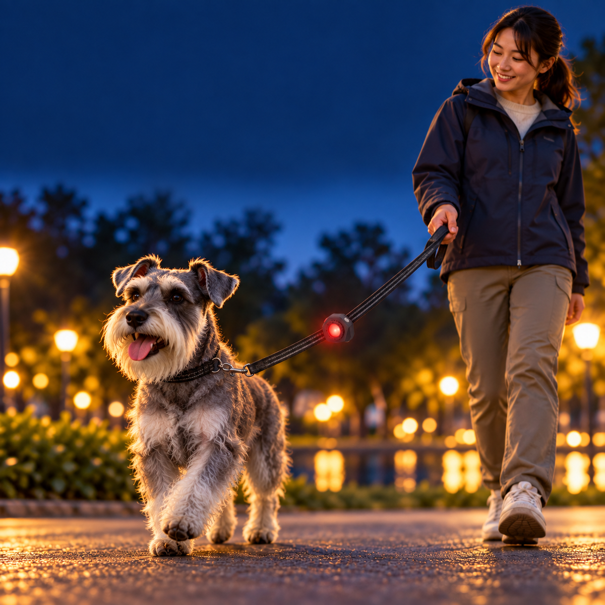 夕暮れにシュナウザーと散歩する飼い主。リード中央に装着したCU2Rが赤く点灯している使用イメージ