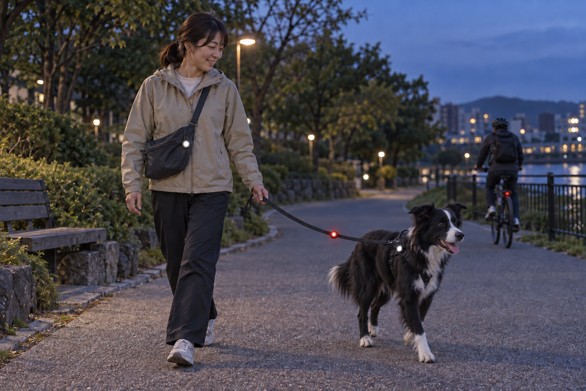 CU2Rを飼い主のバッグ・平らなリードの中央・愛犬のハーネスに装着した夕暮れの散歩シーン。AI生成の使用イメージ。