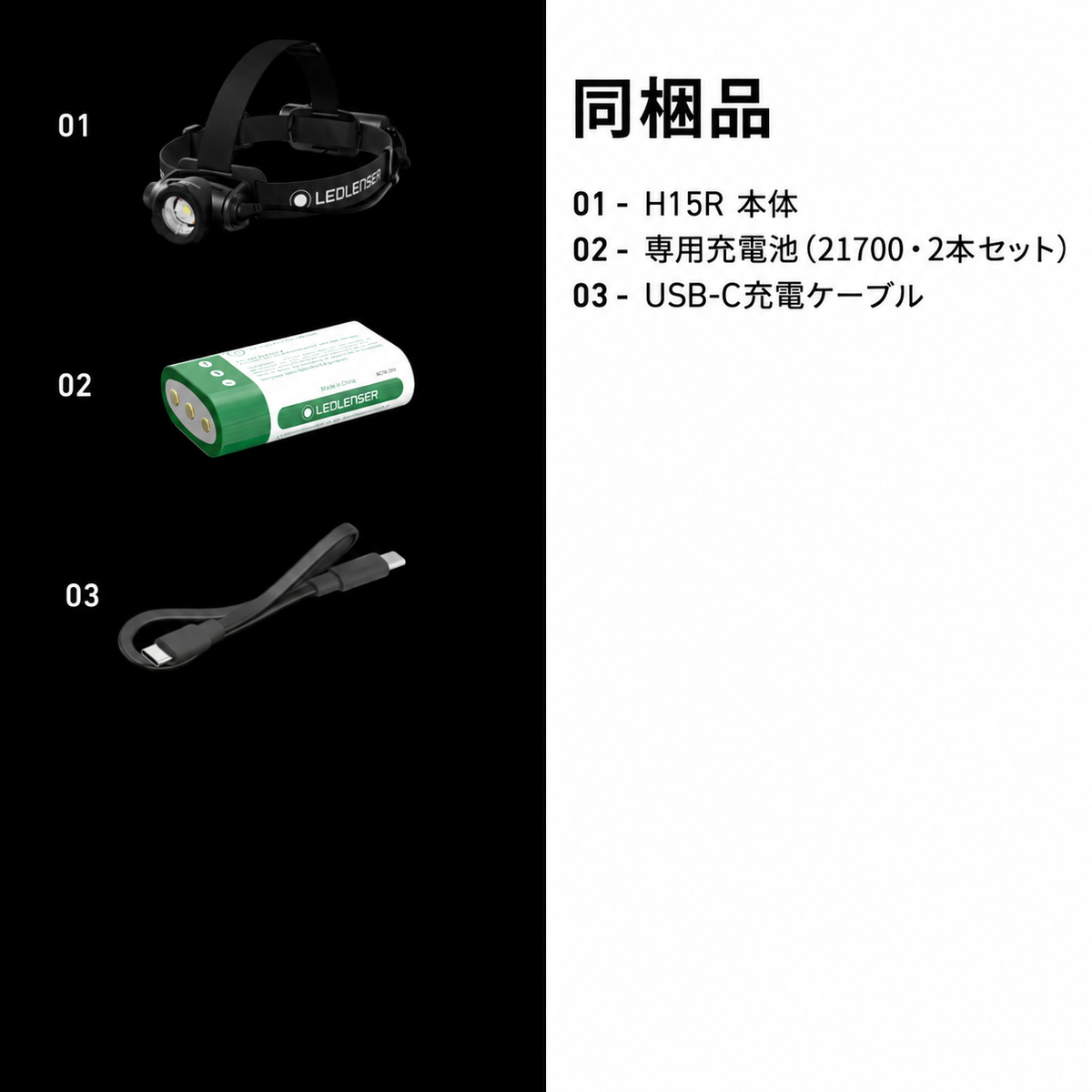 同梱品 01 H15R 本体 02 専用充電池(21700・2本セット) 03 USB-C充電ケーブル