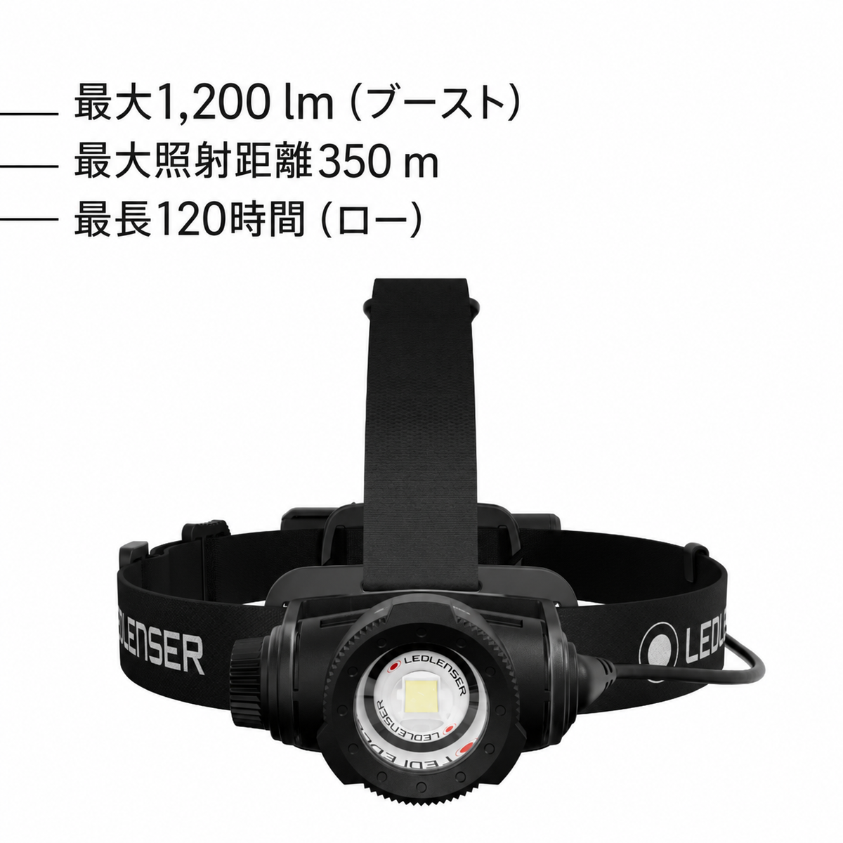 最大1,200 lm(ブースト) 最大照射距離350 m 最長120時間(ロー)