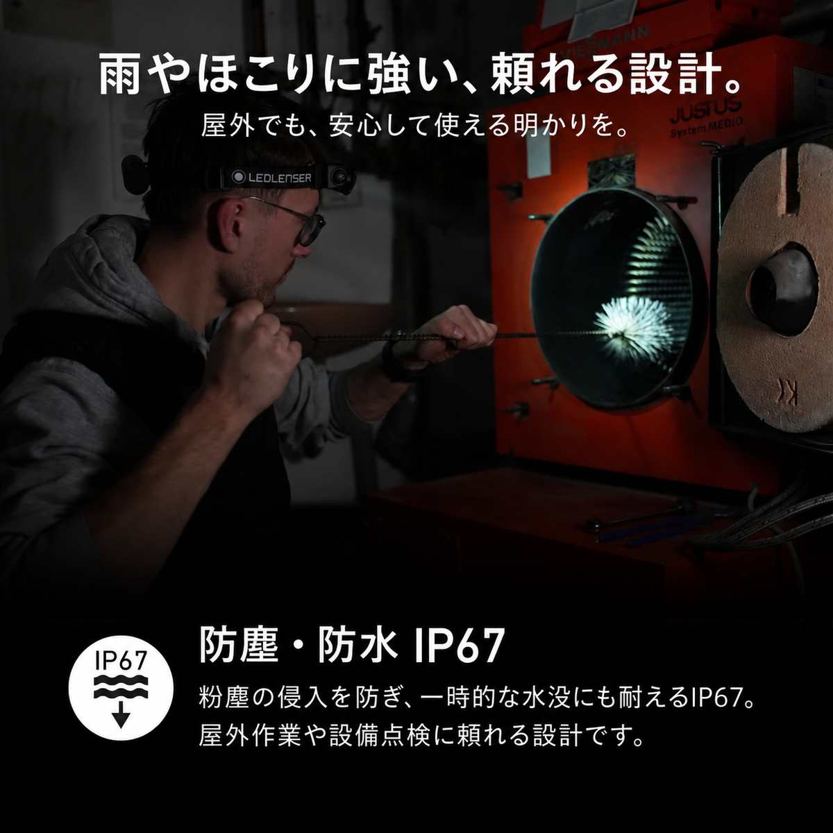 雨やほこりに強い、頼れる設計。 屋外でも、安心して使える明かりを。 防塵・防水 IP67 粉塵の侵入を防ぎ、一時的な水没にも耐えるIP67。屋外作業や設備点検に頼れる設計です。