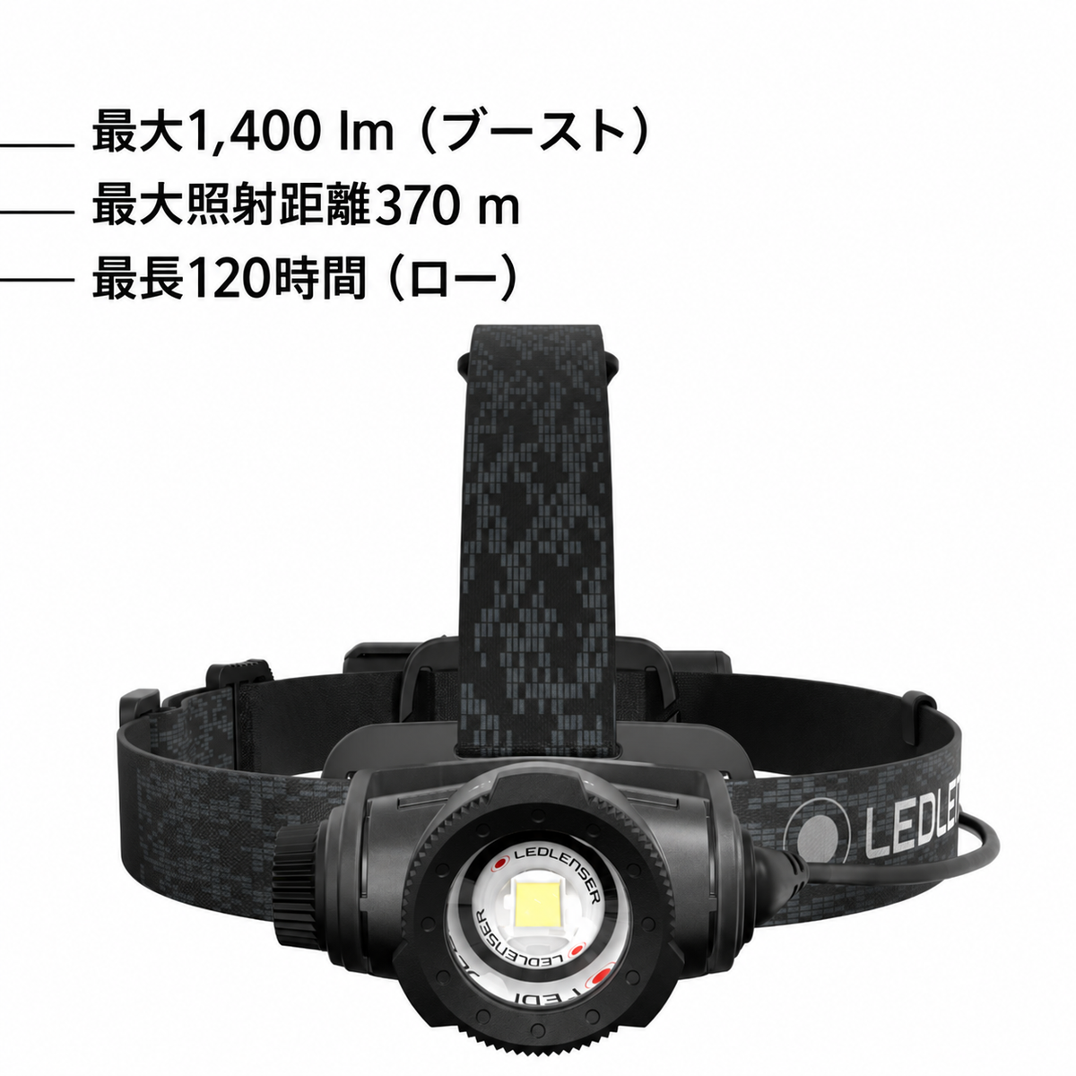 最大1,400 lm(ブースト) 最大照射距離370 m 最長120時間(ロー)