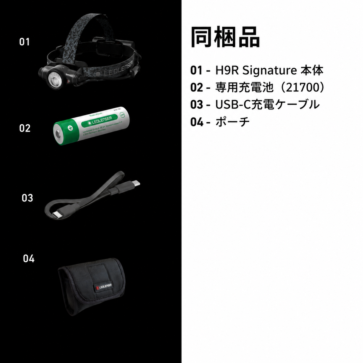 同梱品 01 H9R Signature 本体 02 専用充電池(21700) 03 USB-C充電ケーブル 04 ポーチ