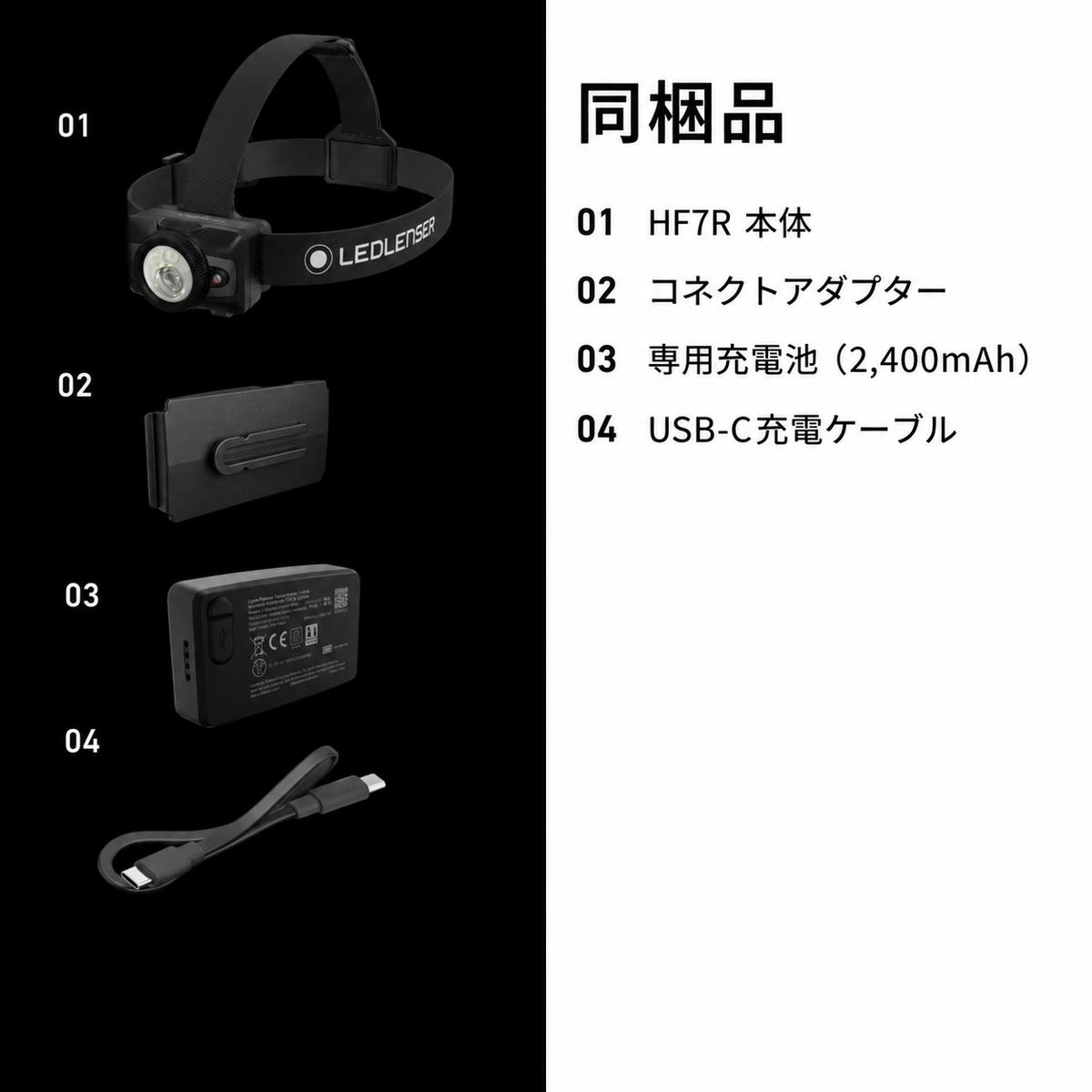 同梱品 01 HF7R 本体 02 コネクトアダプター 03 専用充電池(2,400mAh) 04 USB-C充電ケーブル