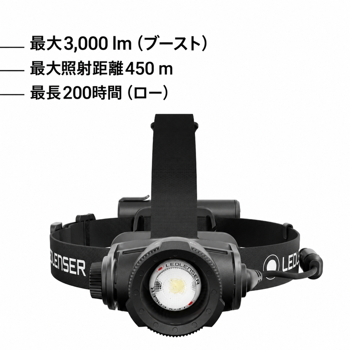 最大3,000 lm（ブースト） 最大照射距離450 m 最長200時間（ロー）