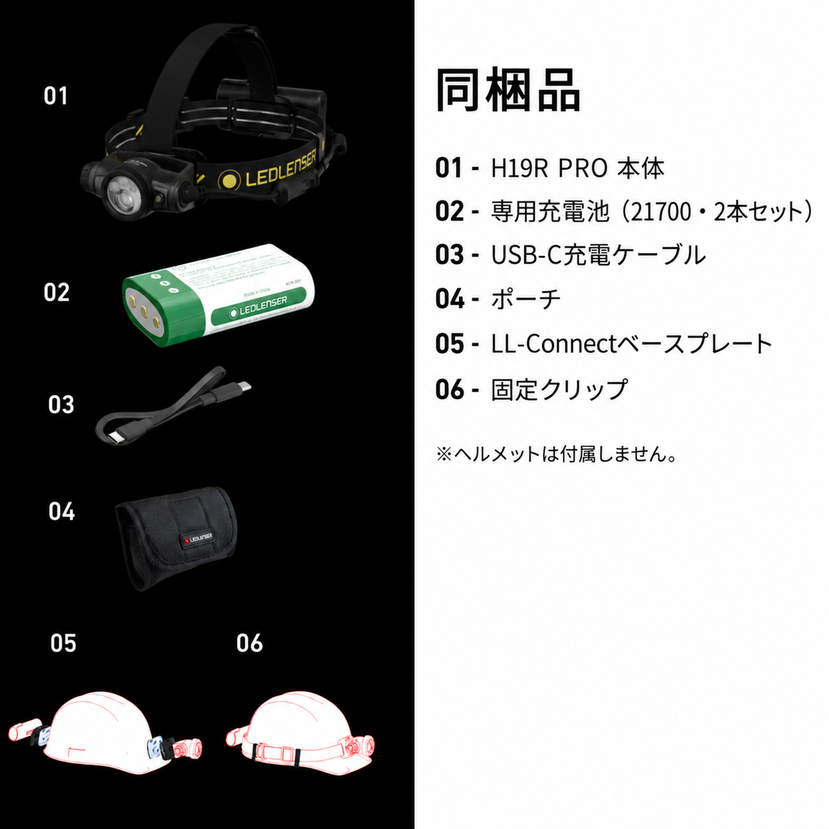 同梱品 01 H19R PRO 本体 02 専用充電池（21700・2本セット） 03 USB-C充電ケーブル 04 ポーチ 05 LL-Connectベースプレート 06 固定クリップ ※ヘルメットは付属しません。