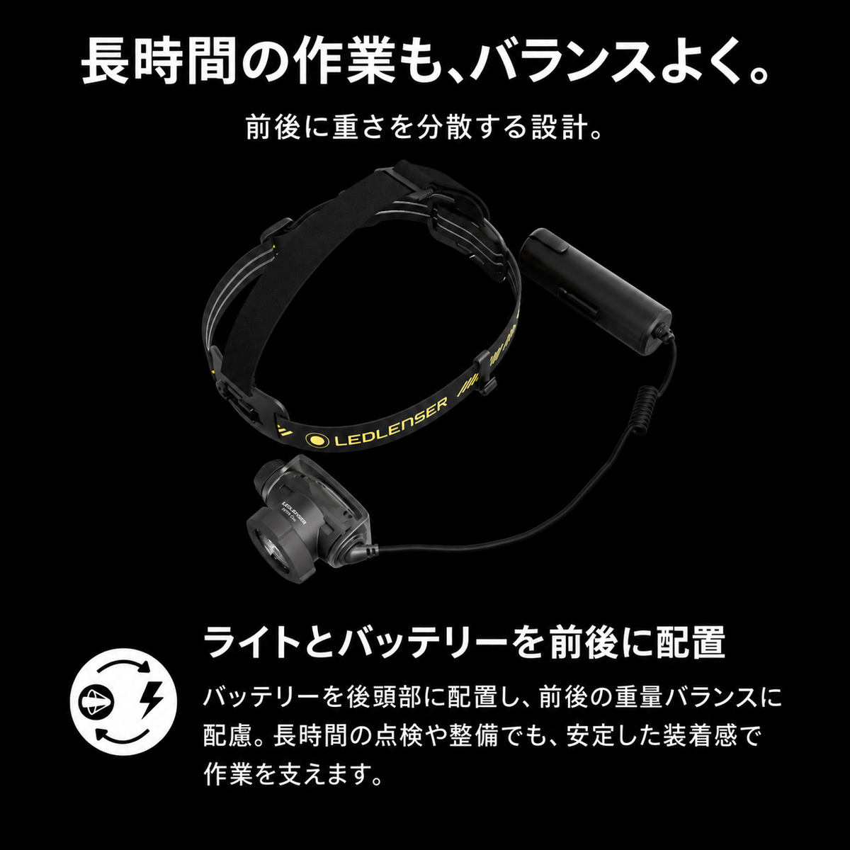 長時間の作業も、バランスよく。 前後に重さを分散する設計。 ライトとバッテリーを前後に配置 バッテリーを後頭部に配置し、前後の重量バランスに配慮。長時間の点検や整備でも、安定した装着感で作業を支えます。
