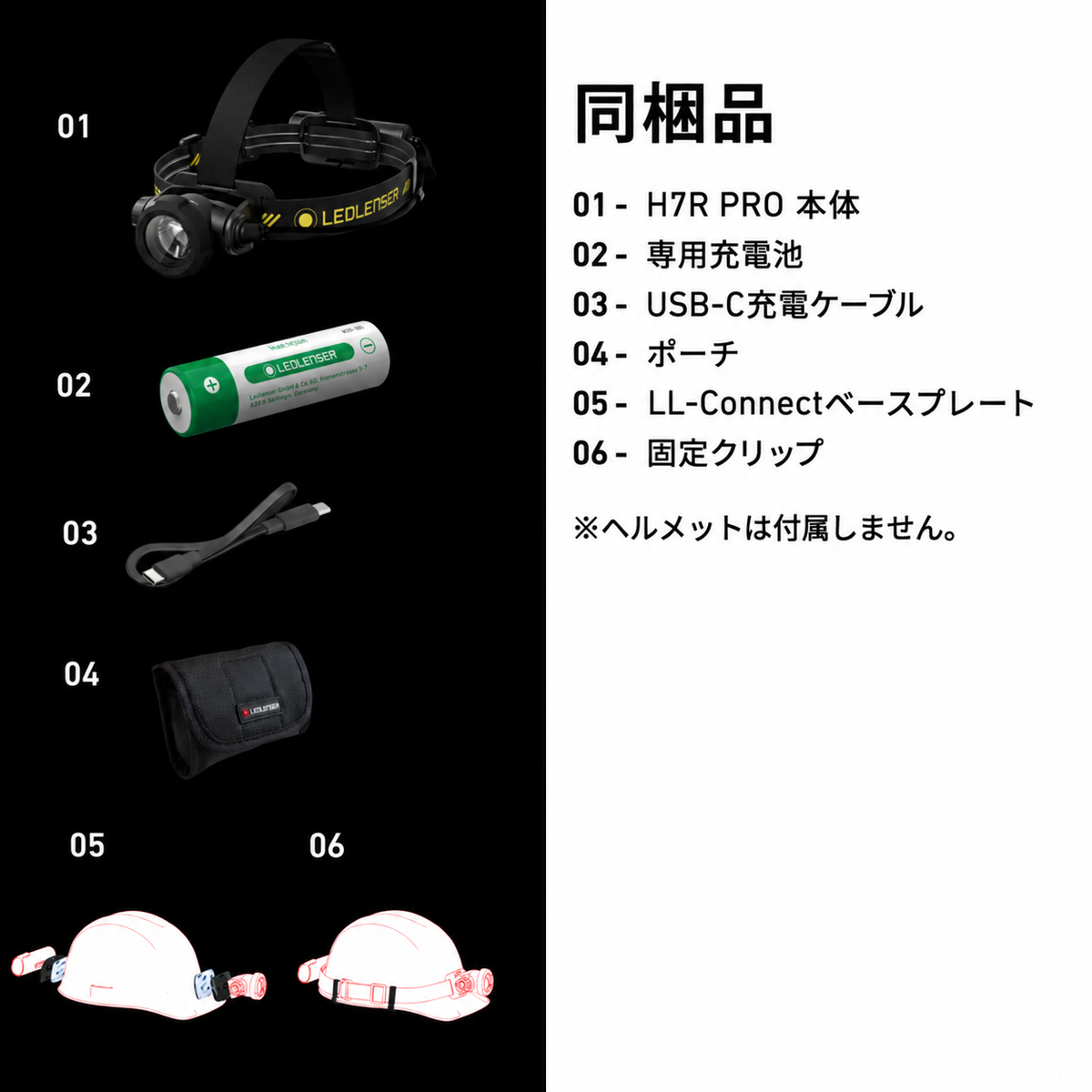 同梱品 01 H7R PRO 本体 02 専用充電池 03 USB-C充電ケーブル 04 ポーチ 05 LL-Connectベースプレート 06 固定クリップ ※ヘルメットは付属しません。