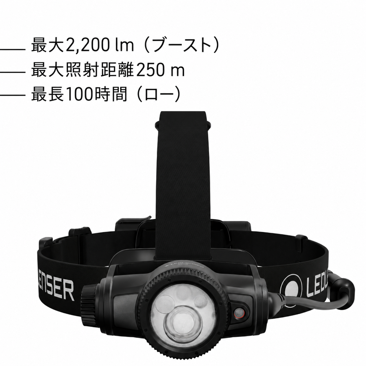 最大2,200 lm（ブースト） 最大照射距離250 m 最長100時間（ロー）