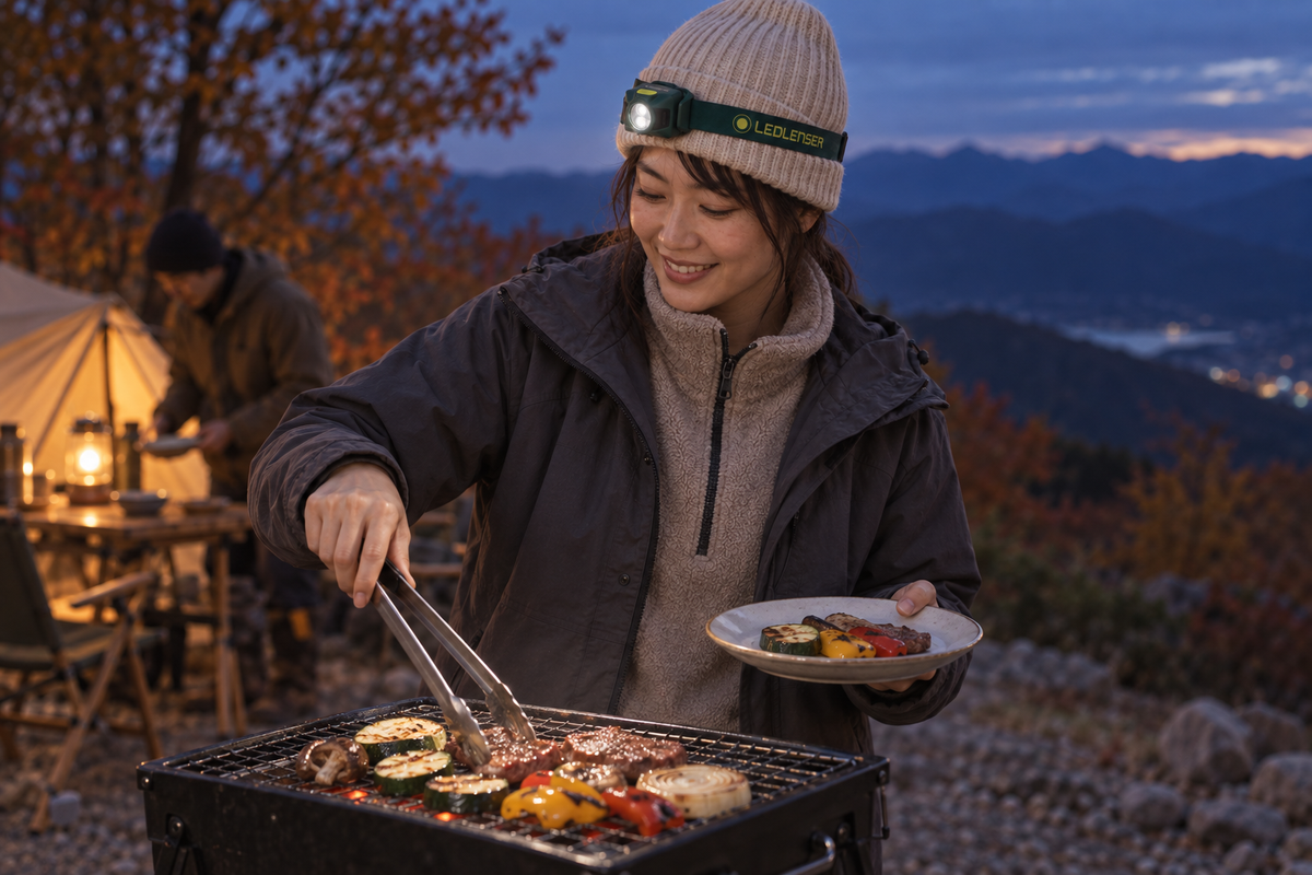 ニットキャップの上にヘッドライトを装着し、トングと皿を両手に持ってBBQをする女性