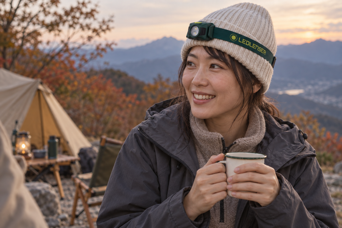 アイボリーのニットキャップにグリーンのヘッドライトを合わせ、秋のキャンプを楽しむ女性