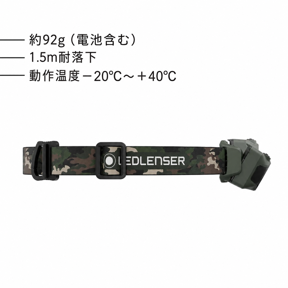 約92g（電池含む）。1.5m耐落下。動作温度 −20°C～＋40°C