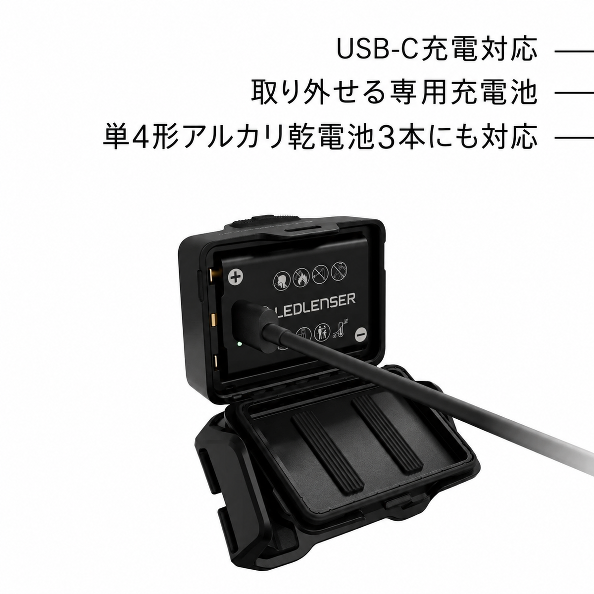 USB-C充電対応。取り外せる専用充電池。単4形アルカリ乾電池3本にも対応