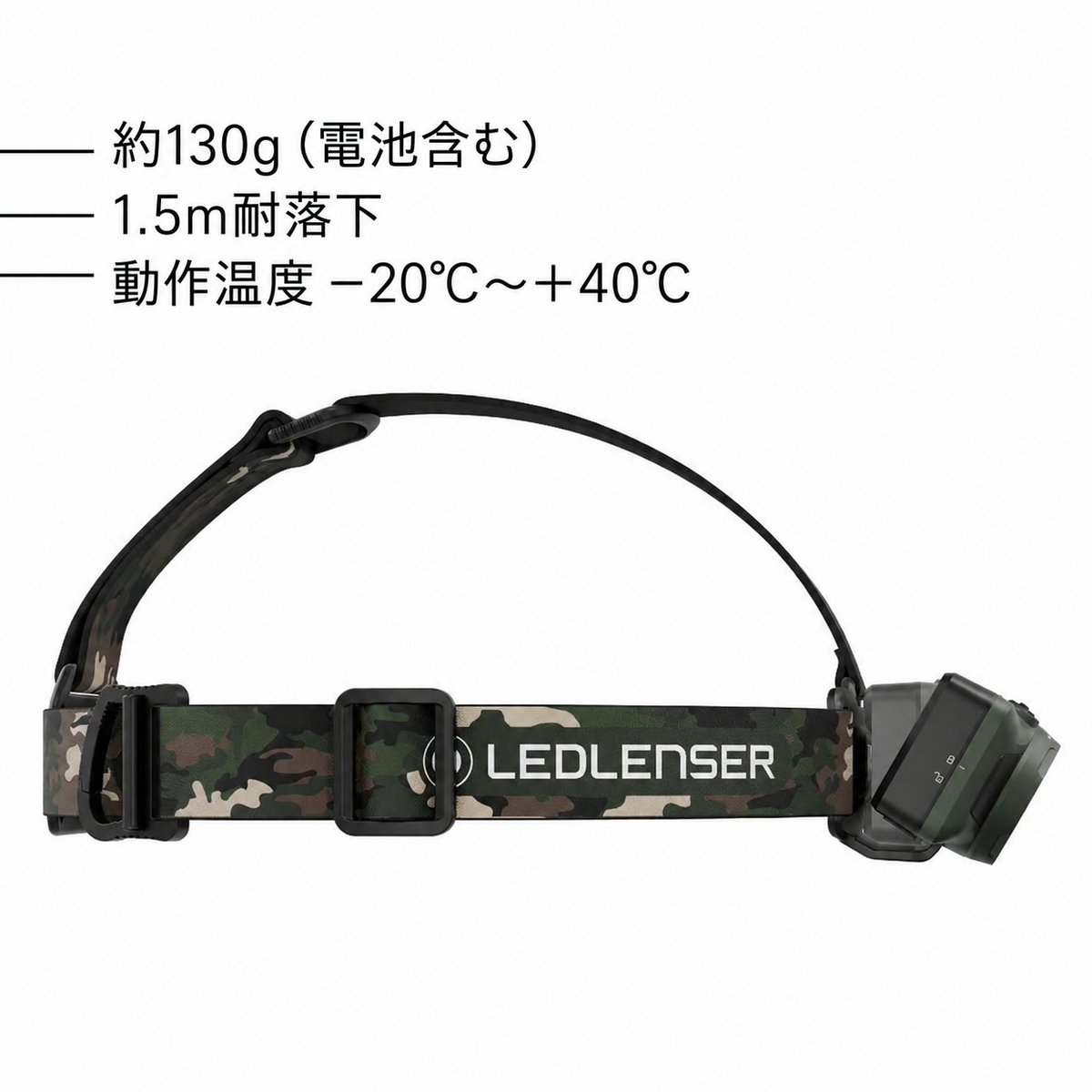 約130g（電池含む）。1.5m耐落下。動作温度 −20°C～＋40°C
