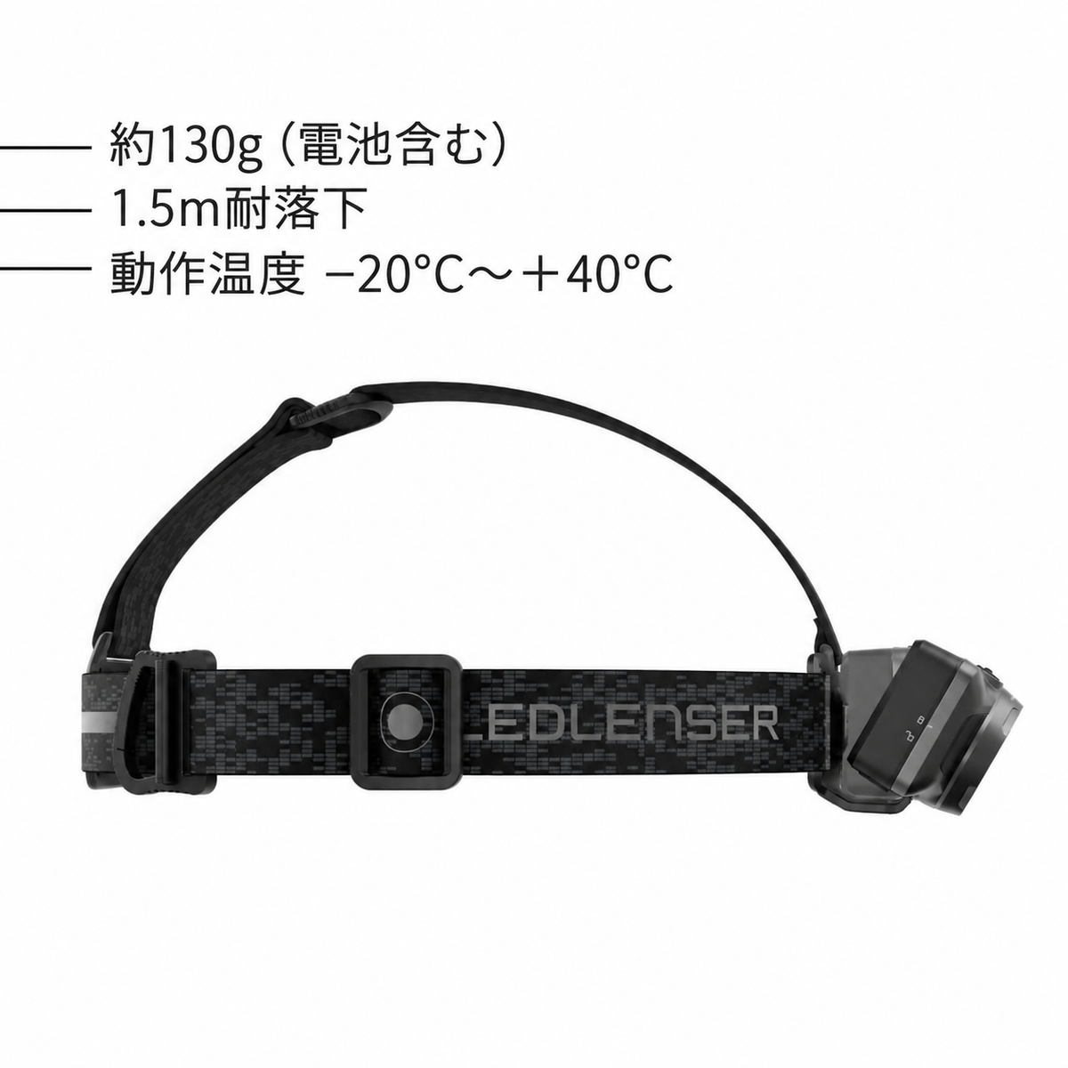 約130g（電池含む）。1.5m耐落下。動作温度 −20°C～＋40°C