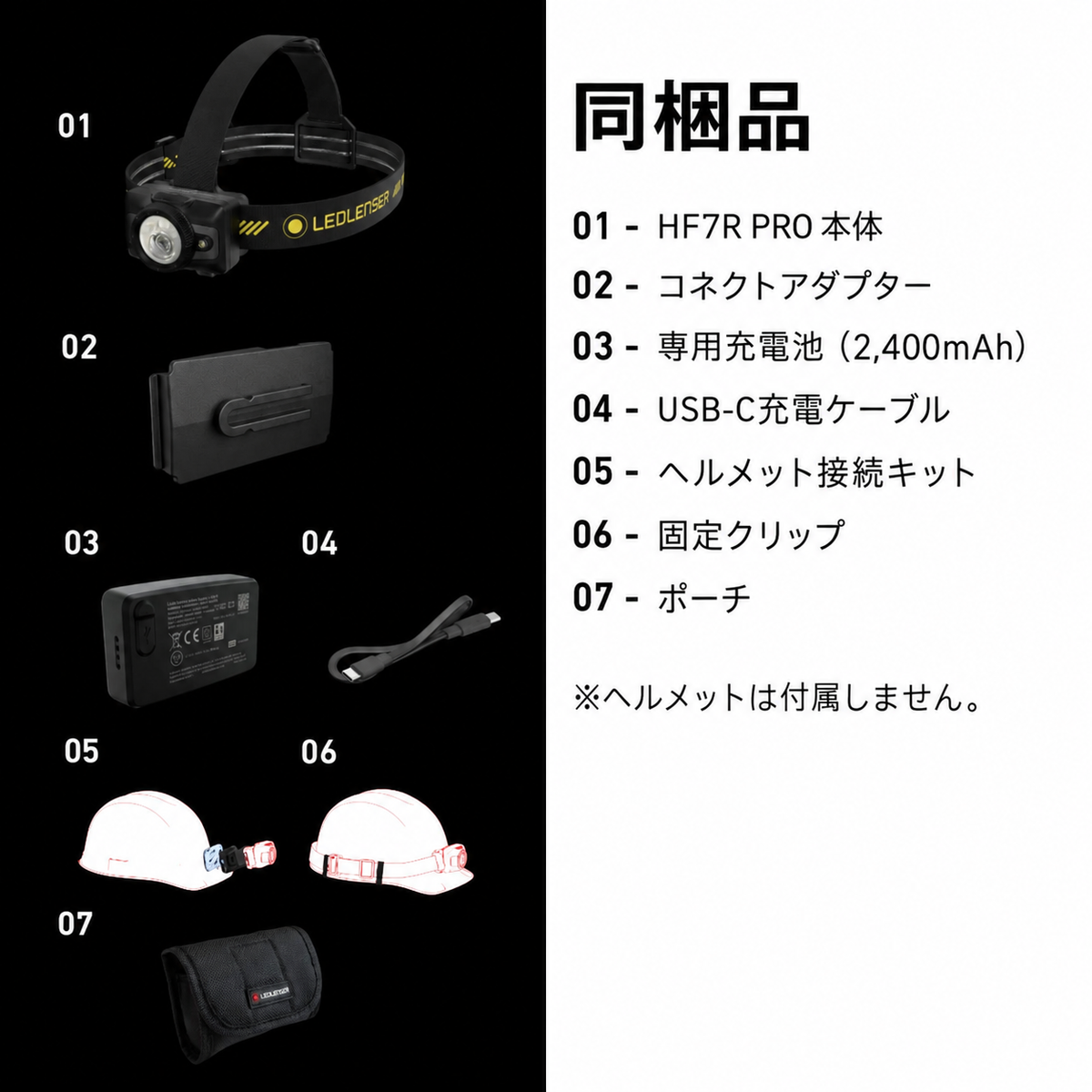 同梱品 01 HF7R PRO 本体 02 コネクトアダプター 03 専用充電池（2,400mAh） 04 USB-C充電ケーブル 05 ヘルメット接続キット 06 固定クリップ 07 ポーチ ※ヘルメットは付属しません。