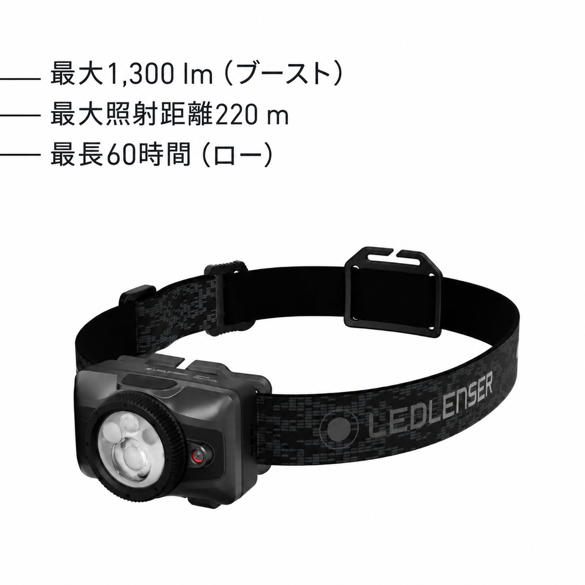 最大1,300 lm（ブースト） 最大照射距離220 m 最長60時間（ロー）